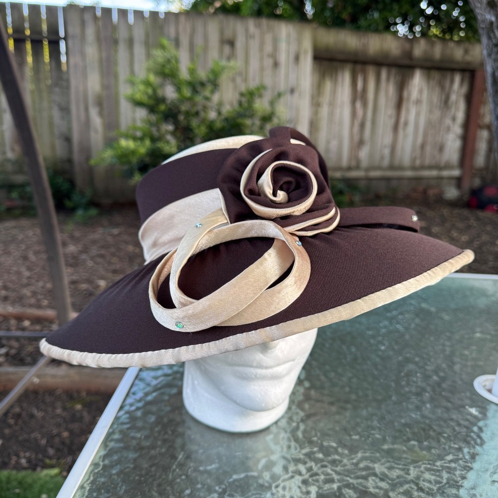Angelina Joy Collection Brown Gold Wide Brim Church Hat Rosette Rhinestone Derby